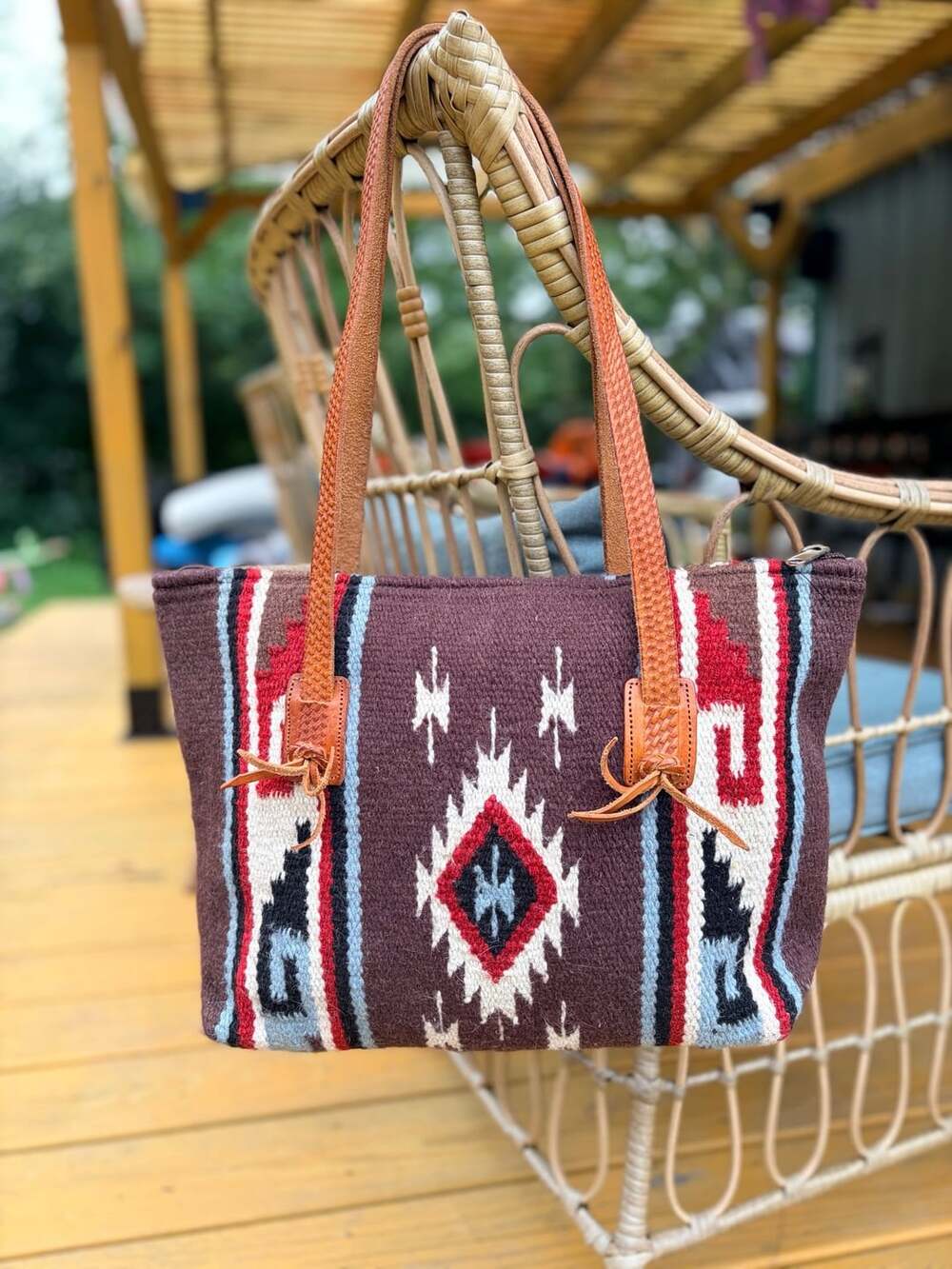 Western Wool and Leather Tote Bag Brown Southwestern Pattern